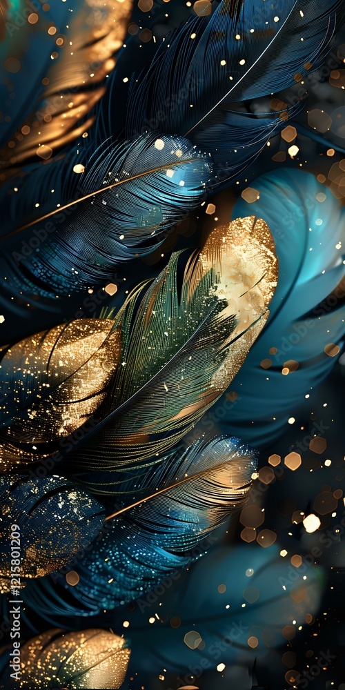 Poster magical floating feathers in deep turquoise and gold with glowing sparkles and bokeh effects. perfec