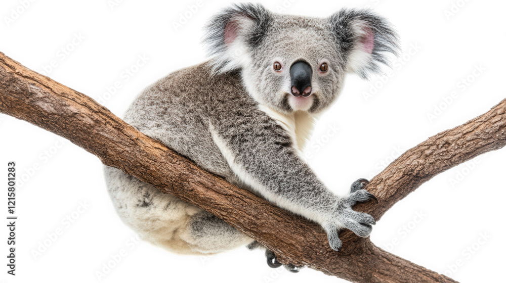Poster a koala sits on a tree branch. showcasing its distinctive features such as large ears. a rounded nos