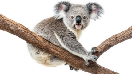 a koala sits on a tree branch. showcasing its distinctive features such as large ears. a rounded nose. and soft fur animal's natural habitat and behavior. emphasizing its charm and appeal in wildlife