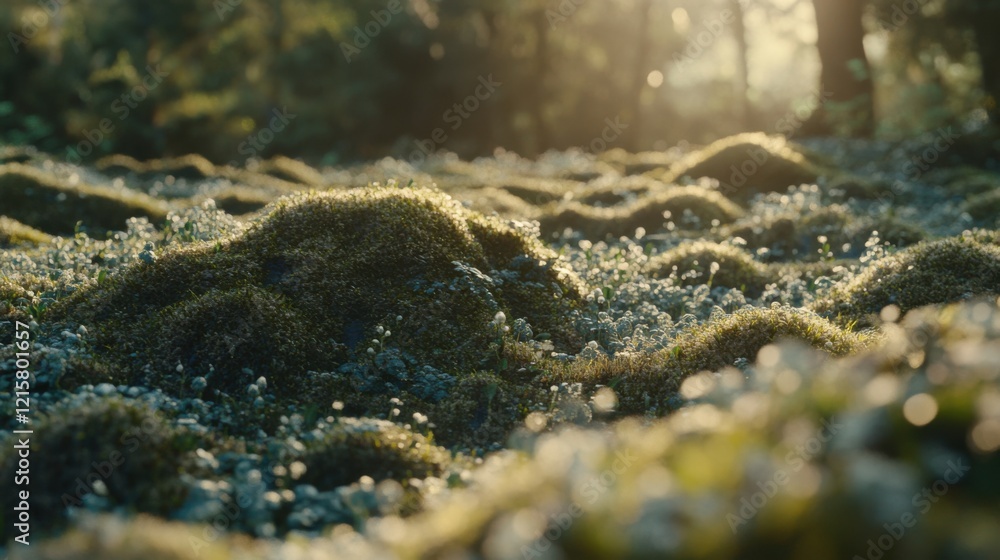 Poster lush green moss carpet with sunlight filtering through trees creating a serene natural landscape in 