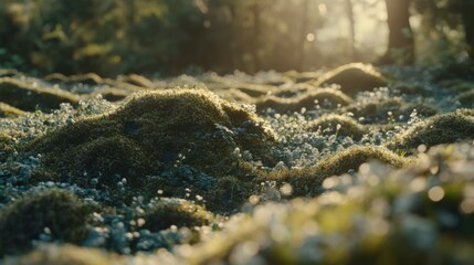 Lush Green Moss Carpet With Sunlight Filtering Through Trees Creating a Serene Natural Landscape in a Forest Setting During Golden Hour