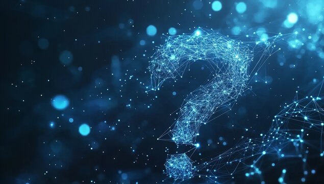Abstract glowing question mark, digital network, connection, uncertainty concept. - Powered by Adobe