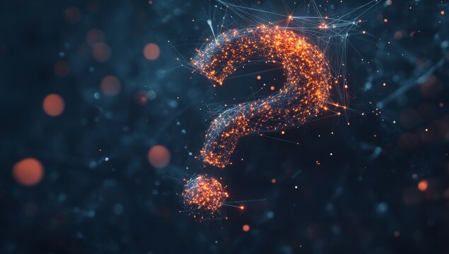 Glowing question mark formed by particles and lines.