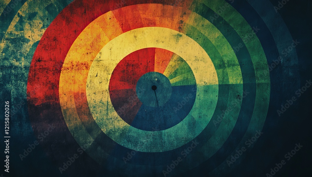 Poster abstract concentric circles with grunge texture and vintage color palette.
