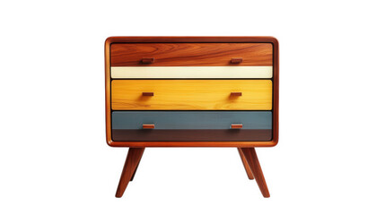 stylish mid-century modern dresser with three horizontal drawers in varying shades of wood. including dark brown. light beige. yellow. and teal the dresser stands on tapered legs. showcasing a blend o