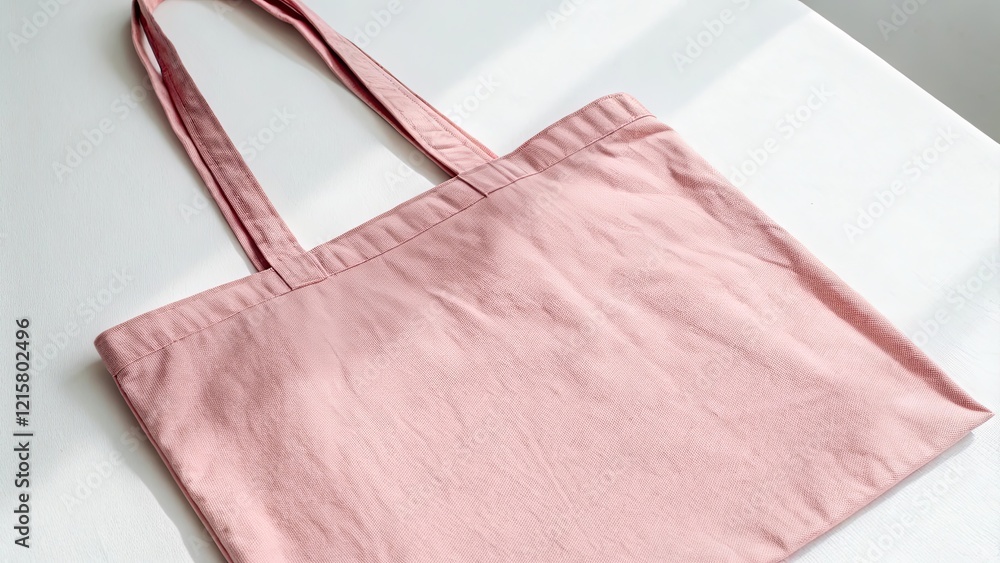 Poster a pink bag with a white handle sits on a table