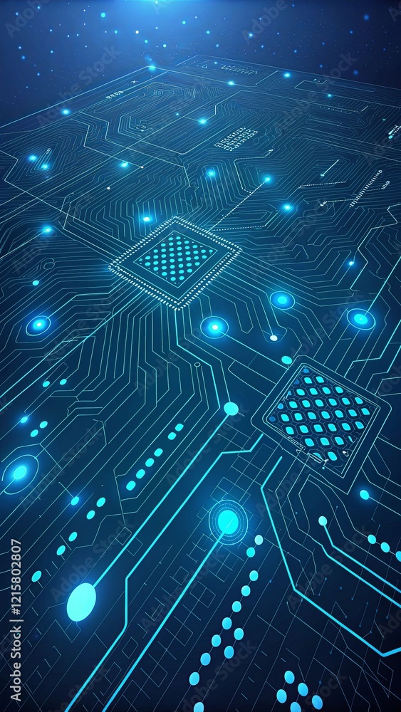 Poster a blue and white image of a circuit board with many small blue dots