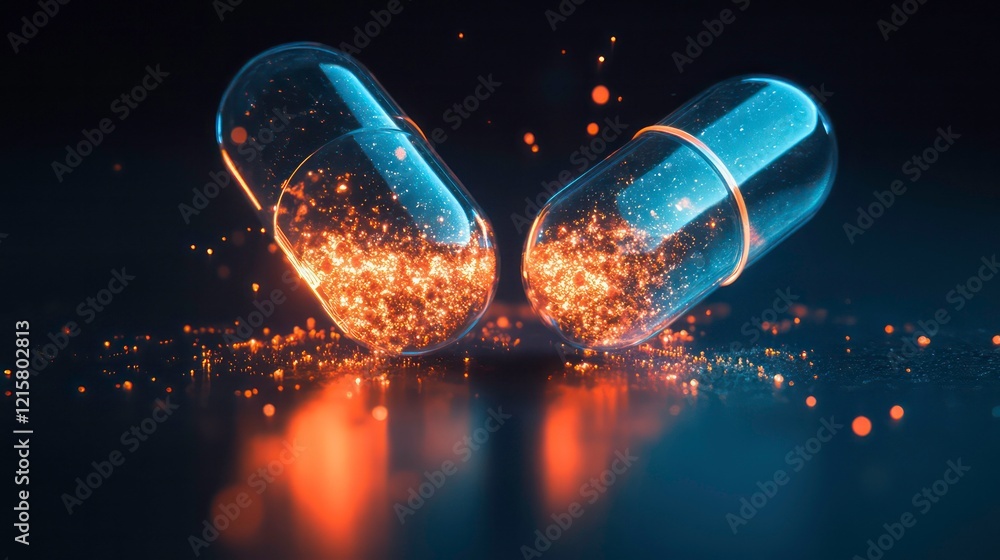 Poster two glowing capsules spilling sparkling particles on dark background.