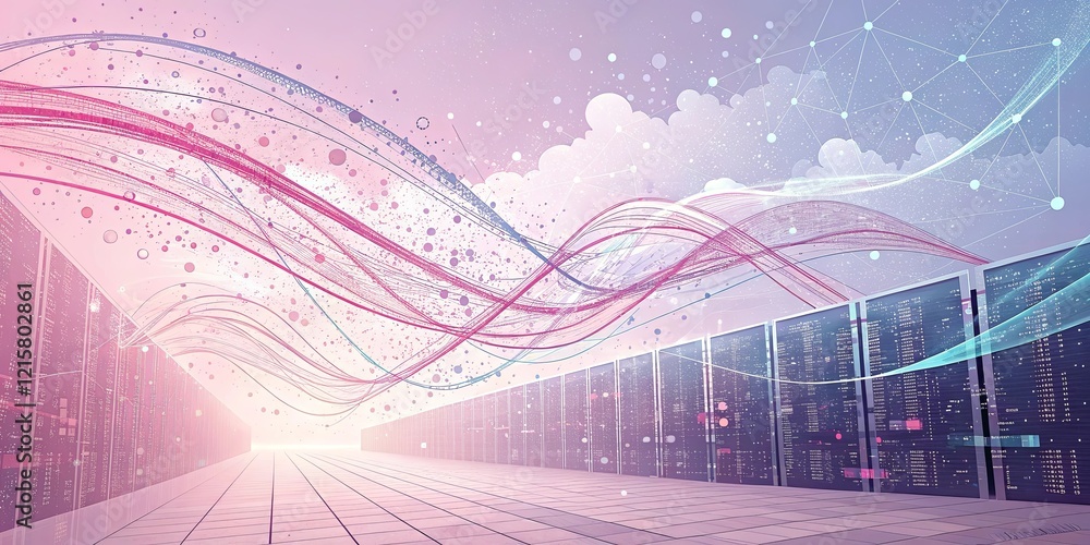 Poster A computer server room with a pink and blue wave in the background