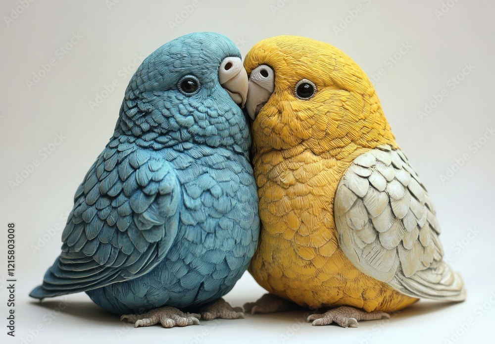 Poster pair of colorful budgerigars embracing each other with heartwarming connection and tenderness in a s