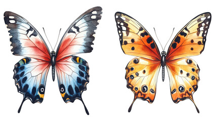Naklejka premium two beautifully illustrated butterflies. showcasing vibrant colors and intricate patterns the left butterfly has blue. white. and red hues. while the right one displays orange and black details this a
