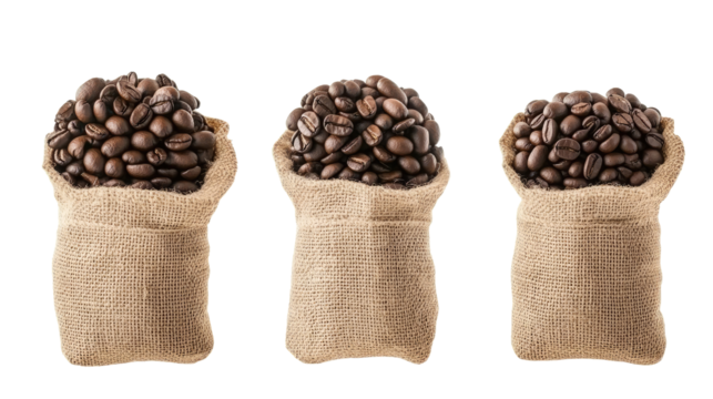Coffee Beans in Sacks on Clear Background Generative AI