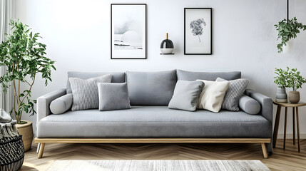 Fototapeta premium Comfortable gray sofa with plants and soft lighting, creating a serene atmosphere.