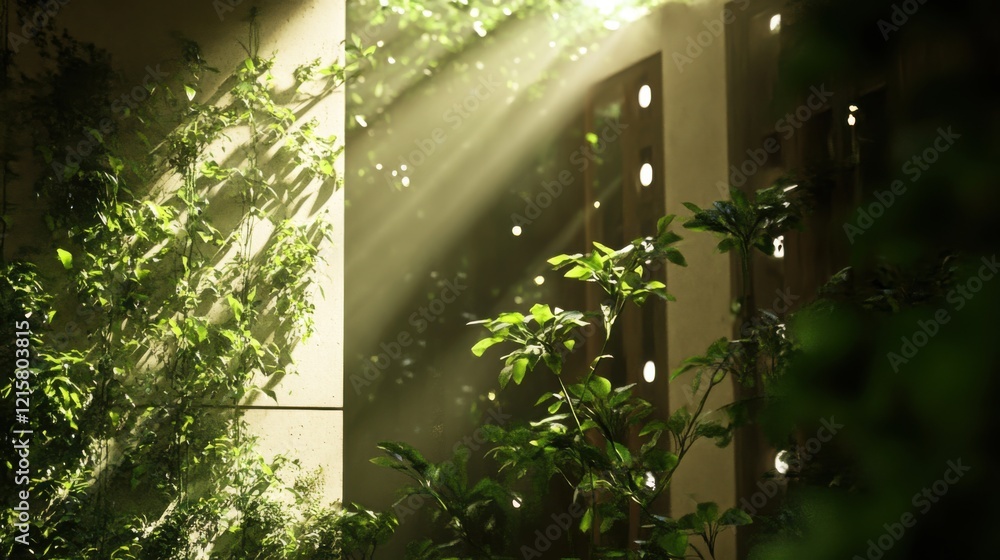 Poster light streaming through greenery in a serene environment, creating an enchanting atmosphere with lus