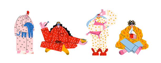Fototapeta premium Characters in home pajamas and mask on face. Women and men comfortable cozy clothes, nightgowns, pillows. Cartoon mascots with blanket, pillow, home comfort. Vector hand drawn people