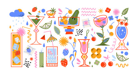 Cartoon stickers cocktails in glass jars and glasses, set of alcoholic drinks and fruits. Retro cans of refreshing drinks with ice for party. cocktail ingredients. trending doodle stickers