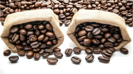 Fototapeta premium Burlap Sacks Spilling Coffee Beans on White Generative AI