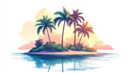 Obraz premium Idyllic tropical island at sunset with palm trees and calm ocean.