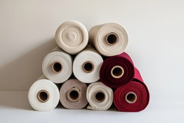 Stack of fabric rolls in various colors and textures on white background.
