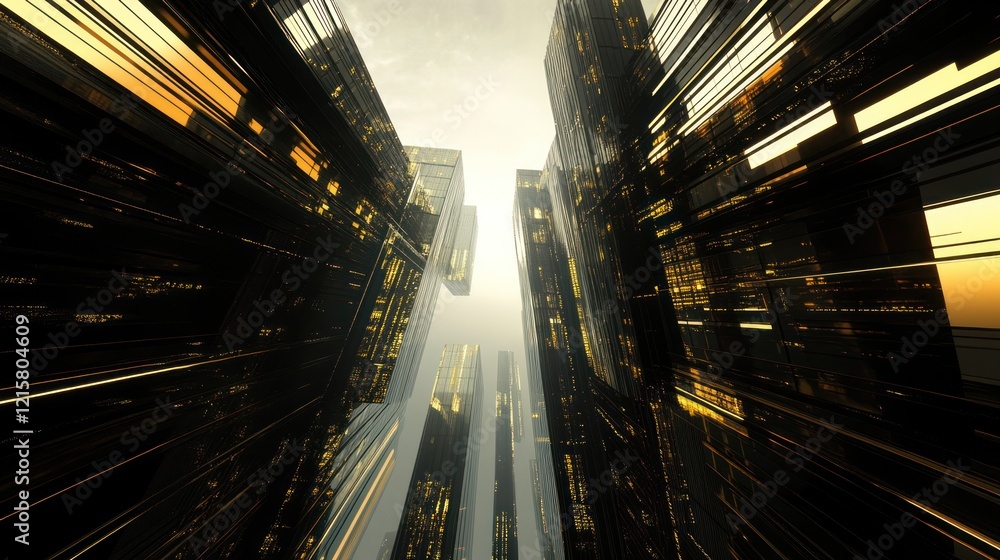 Poster futuristic metropolis view looking upward at towering structures on a cloudy day