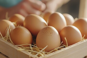 A wooden box filled with brown eggs resting on straw, with hands in the background, depicting a farm-fresh atmosphere.