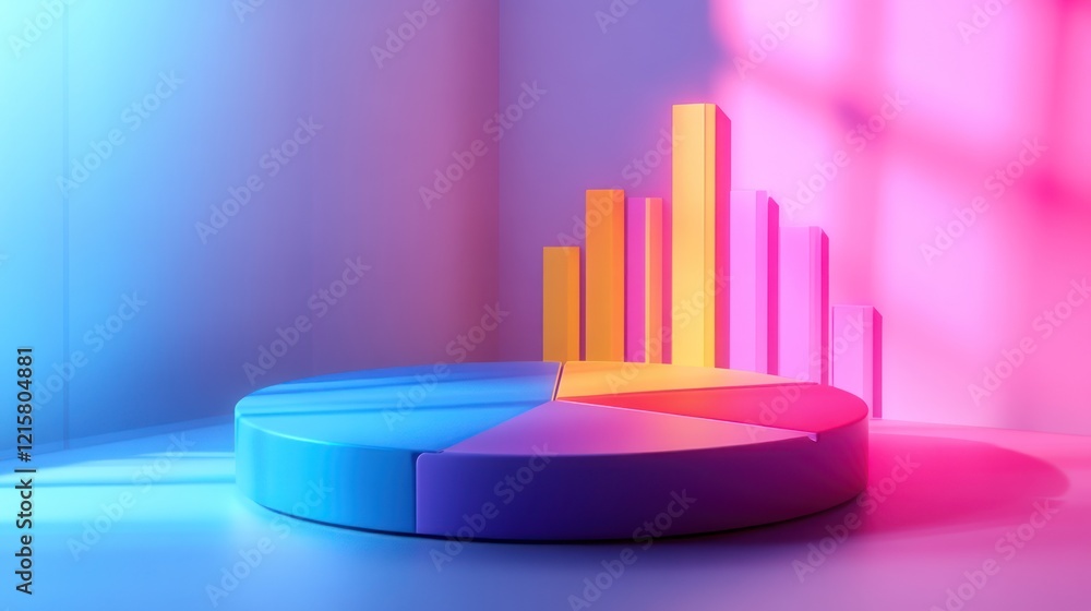Poster colorful 3d pie chart and bar graph in neon light.