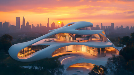 Naklejka premium A stunning architectural design overlooking a city skyline at sunset, blending nature with modernity.
