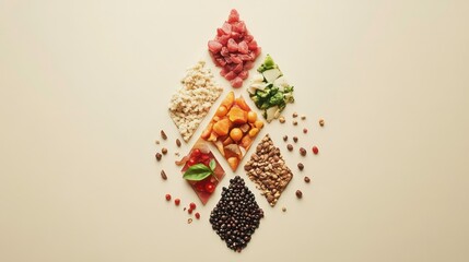 Assorted food ingredients arranged in a diamond shape on a beige background.
