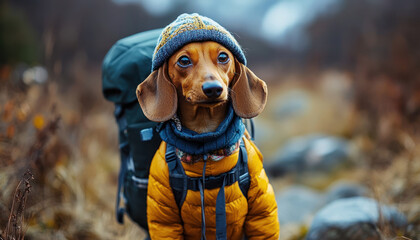 A Dachshund wearing hiking gear on mountain trail, ready for adventure