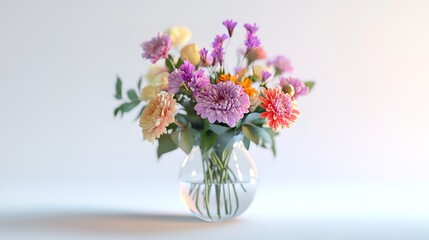Obraz premium delicate bouquet in a transparent ceramic vase. chrysanthemums and eustoma. blurred white background 