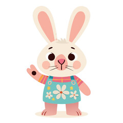 A cute cartoon rabbit wearing a colorful outfit with floral patterns, waving cheerfully with a friendly expression.