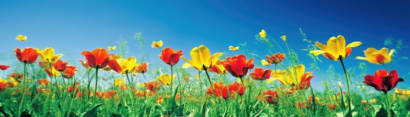 Obraz premium Colorful tulips bloom in a sunny field. Spring nature scene, perfect for cards