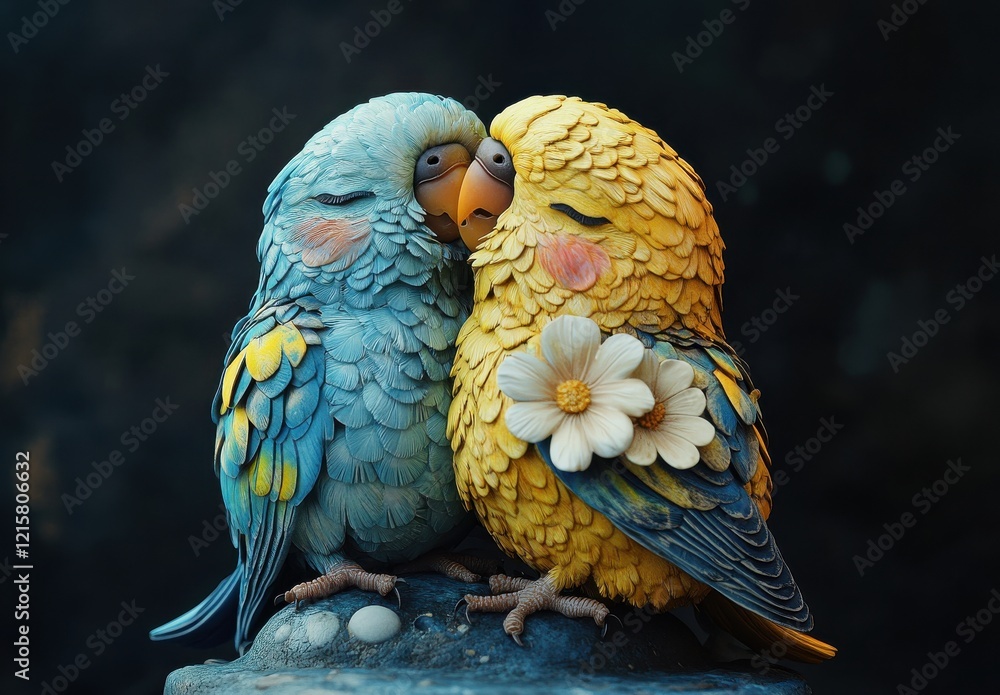 Poster two colorful and cute parakeets nestled together with expressions of affection and charm against a d