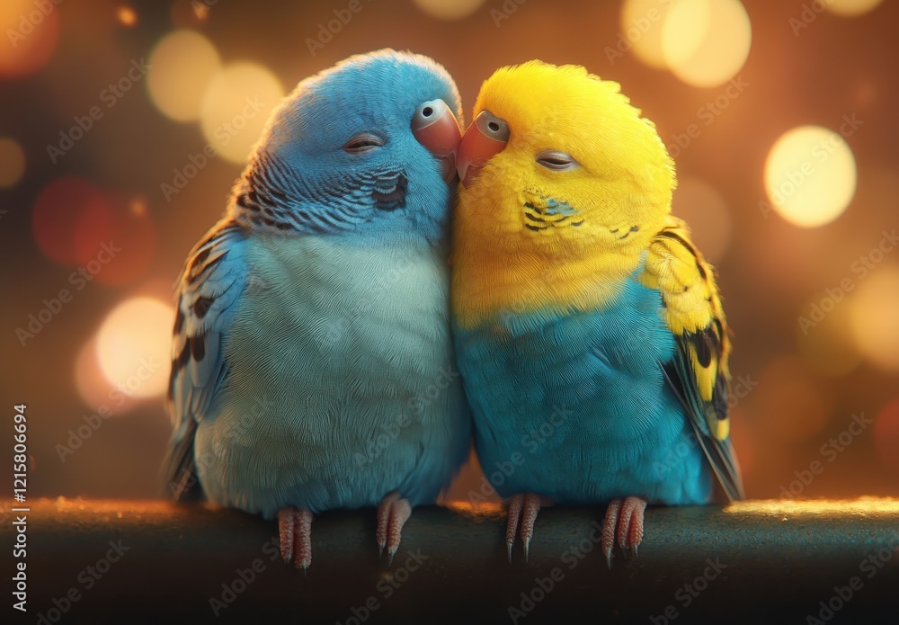 Poster two colorful budgerigars embracing each other in a soft-focused background with beautiful bokeh effe