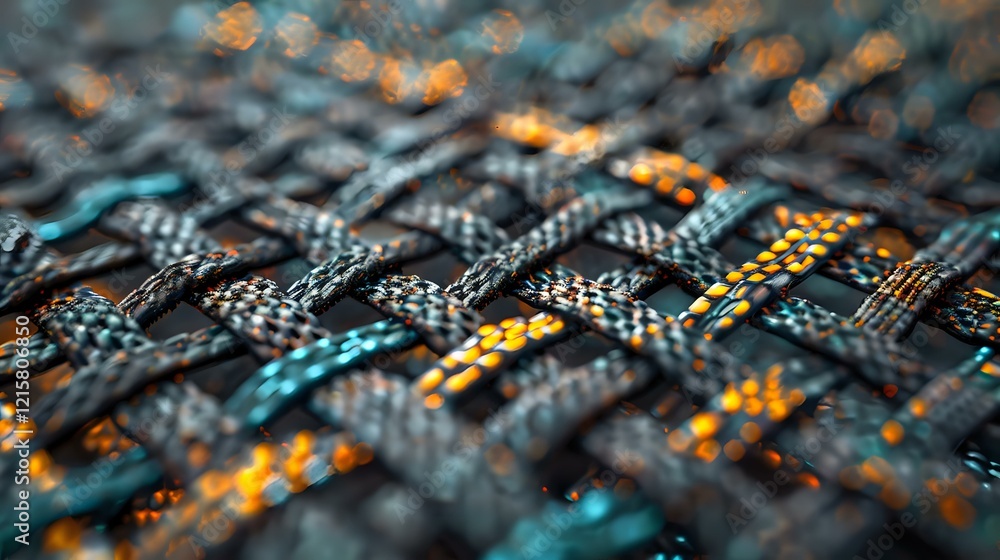 Poster macro shot of woven fabric texture with vibrant turquoise and orange threads creating modern technol