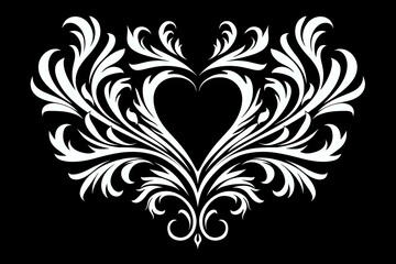 Elegant white floral heart shape with ornate swirls and decorative flourishes on black background, perfect for wedding invitations, Valentine's Day designs, and romantic greeting cards.