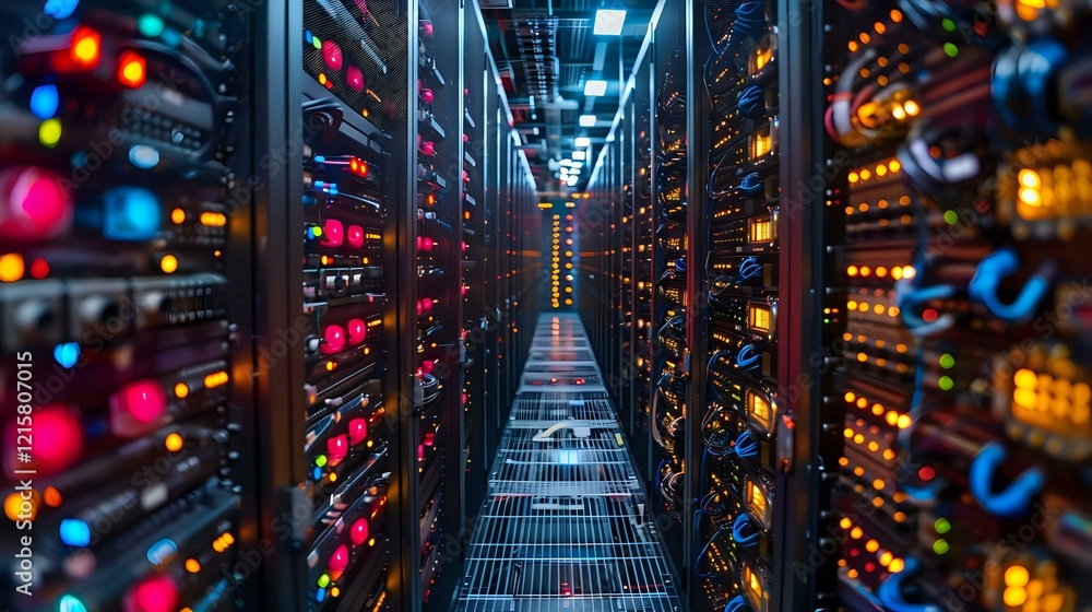 Poster modern data center corridor with glowing led indicators and server racks creating futuristic perspec