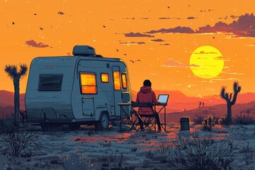 A man sits in a camper van in the desert at sunset