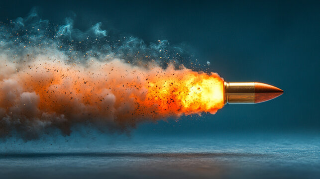 A shiny new slick bullet in mid-flight leaving a dramatic trail of smoke, conveying speed, power, and impact in an empty blue backdrop, emphasizing motion, precision, and minimalism

