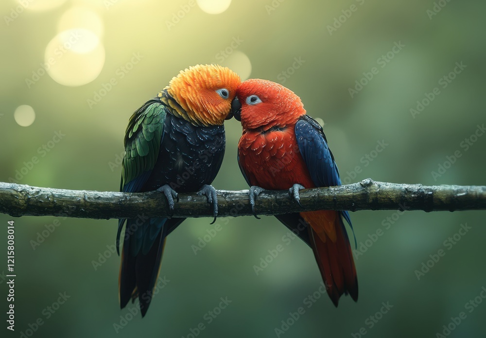 Poster vibrant parrots displaying affection on a branch amidst a softly lit natural background, capturing t