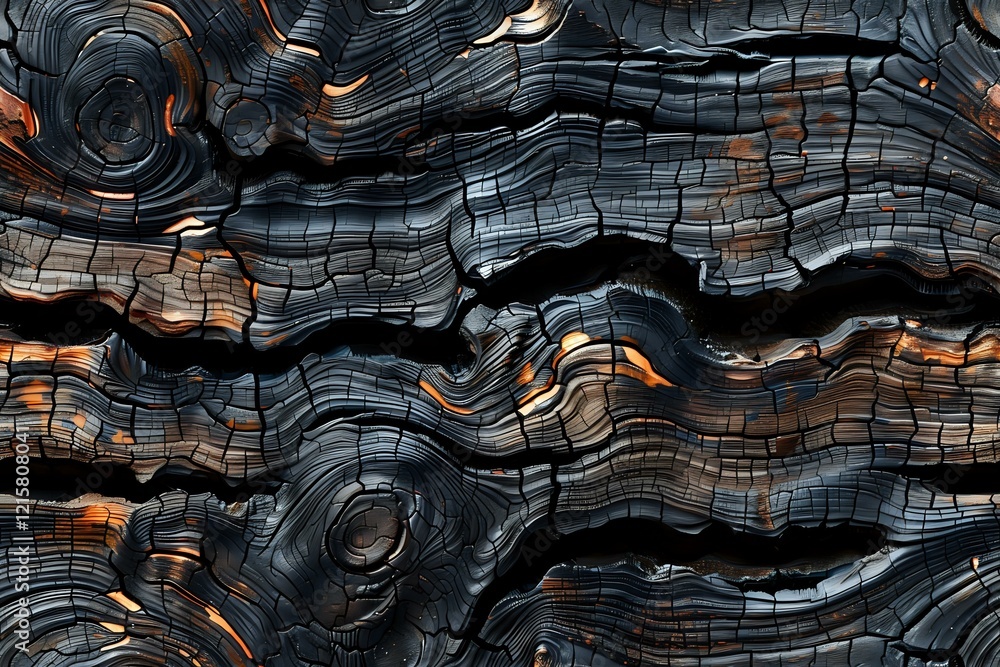 Aufkleber Dramatic charred wood texture with glowing orange embers and deep black cracks creating an abstract pattern. Perfect for backgrounds in design projects or natural texture concepts.