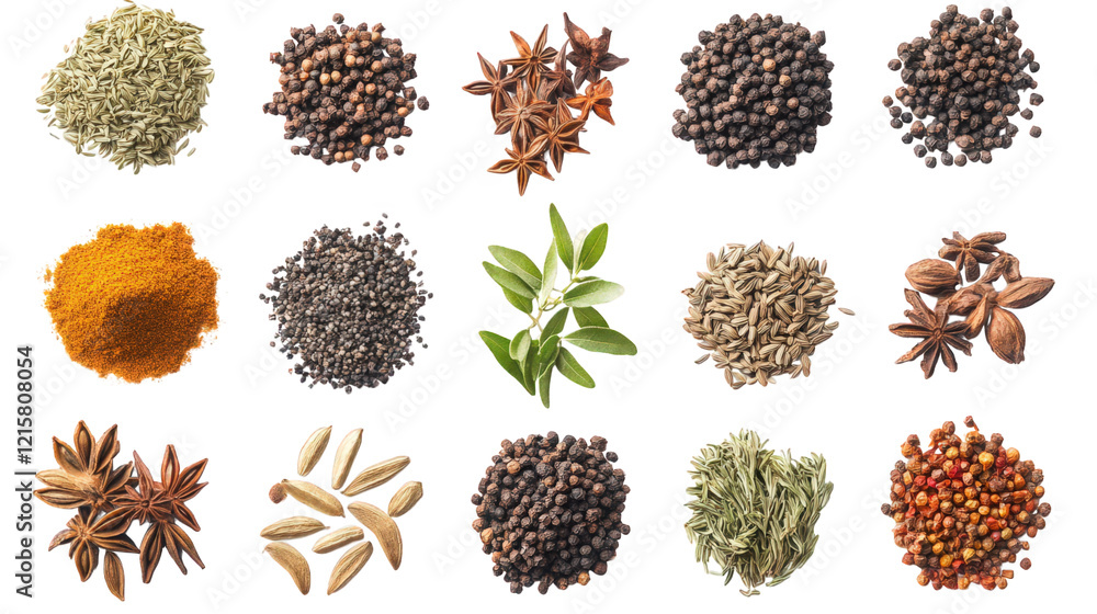 Poster a variety of spices arranged in a grid format. highlighting their diverse colors and textures the sp