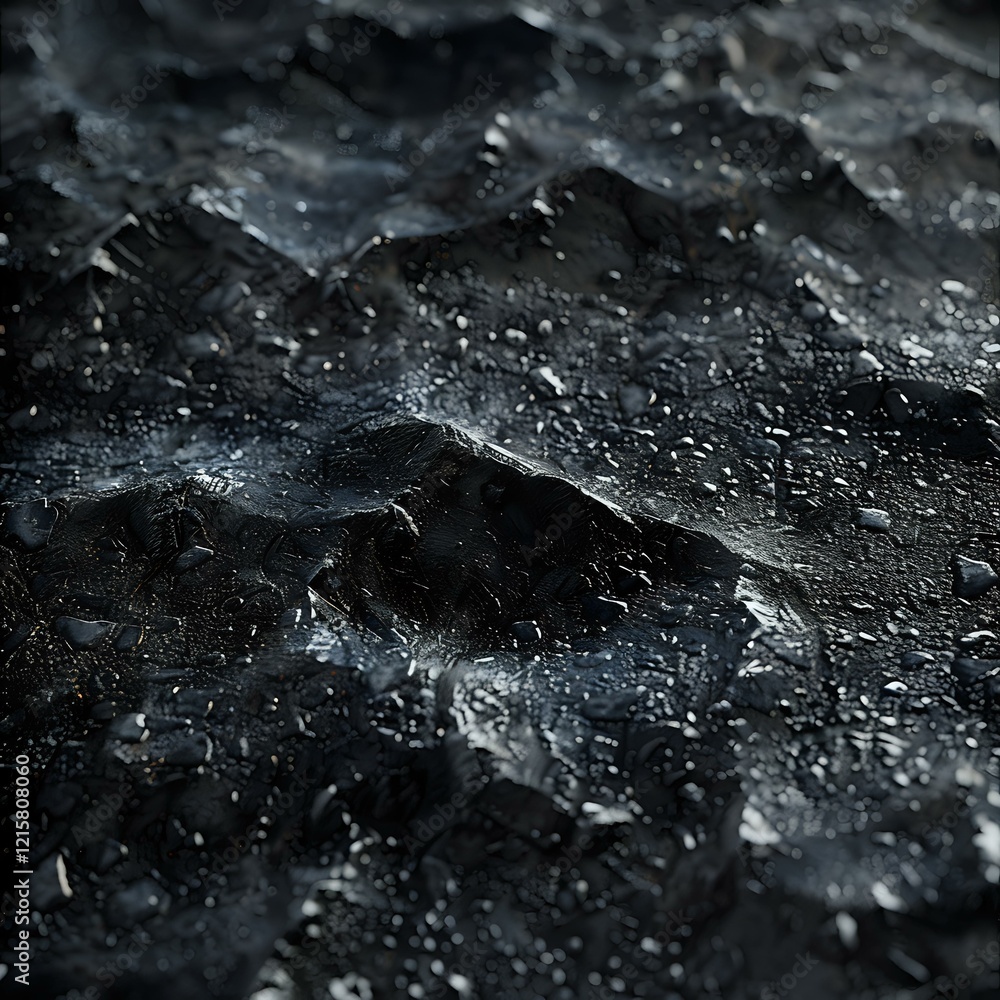 Poster dark textured surface with rough volcanic-like terrain featuring crystalline formations and deep sha