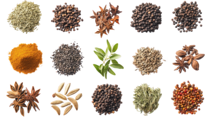 a variety of spices arranged in a grid format. highlighting their diverse colors and textures the spices include whole seeds. powders. and leaves. emphasizing their culinary uses and potential health