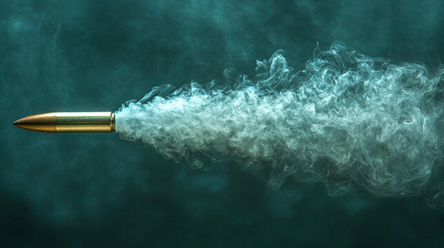 A shiny new slick bullet in mid-flight leaving a dramatic trail of smoke, conveying speed, power, and impact in an empty blue backdrop, emphasizing motion, precision, and minimalism

