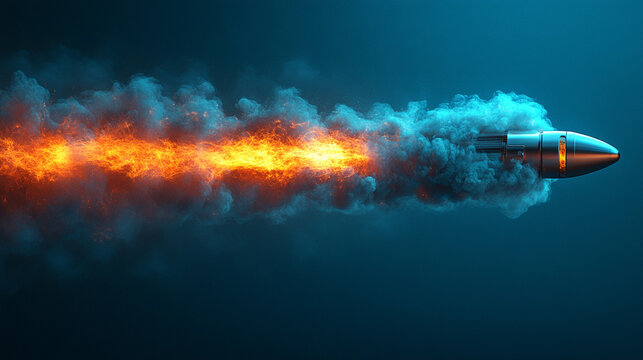 A shiny new slick bullet in mid-flight leaving a dramatic trail of smoke, conveying speed, power, and impact in an empty blue backdrop, emphasizing motion, precision, and minimalism

