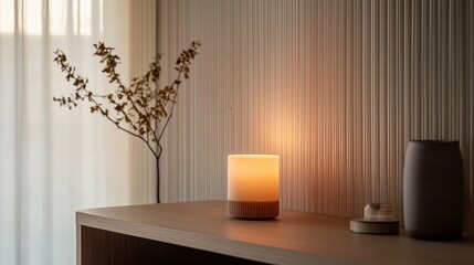 A candle is lit on a wooden table next to a vase and a potted plant. The candle is white and the table is made of wood. The room has a warm and cozy atmosphere