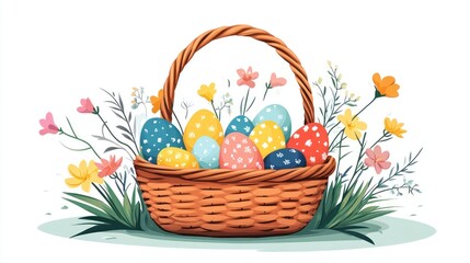 Colorful Easter eggs in a wicker basket with spring flowers.