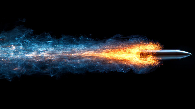 A shiny new slick bullet in mid-flight leaving a dramatic trail of smoke, conveying speed, power, and impact in an empty blue backdrop, emphasizing motion, precision, and minimalism

