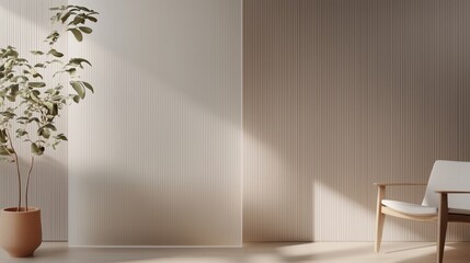 A room with a white wall and a brown chair. The chair is in front of a window with a plant in a vase. The room has a minimalist and clean look